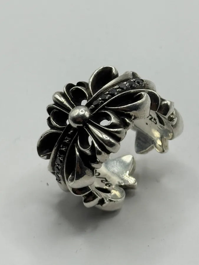 Chrome Hearts Pave Black Diamond Double Floral Silver 925 Ring KesByvq 12