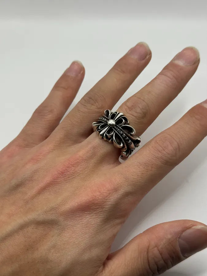 Chrome Hearts Pave Black Diamond Double Floral Silver 925 Ring KesByvq 2