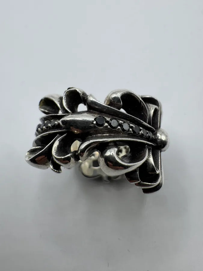 Chrome Hearts Pave Black Diamond Double Floral Silver 925 Ring KesByvq 3