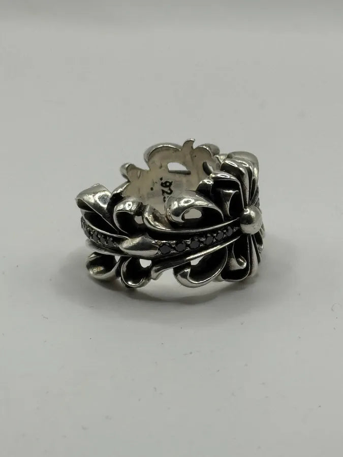 Chrome Hearts Pave Black Diamond Double Floral Silver 925 Ring KesByvq 4