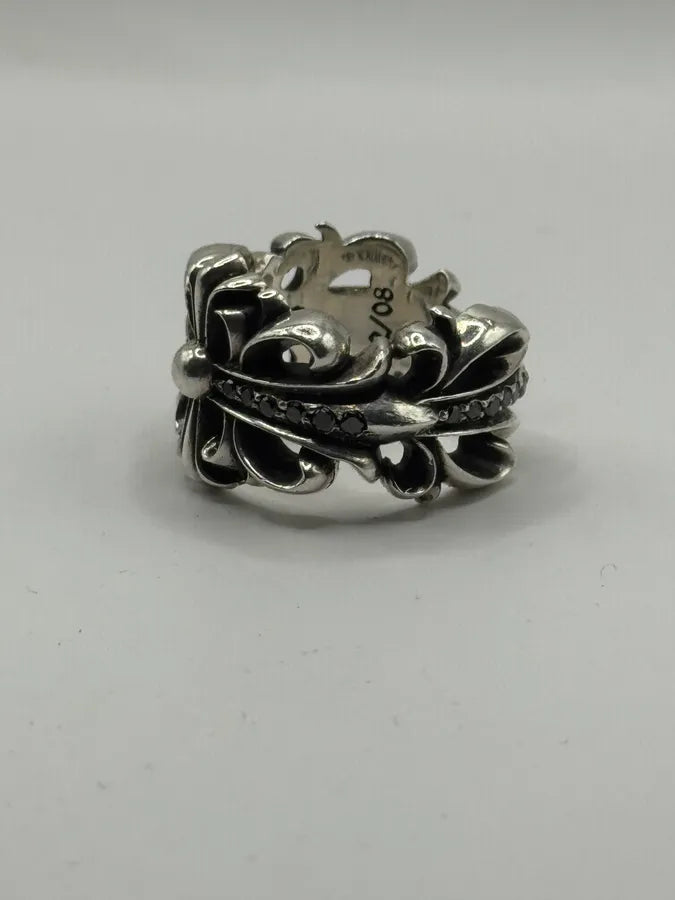Chrome Hearts Pave Black Diamond Double Floral Silver 925 Ring KesByvq 5