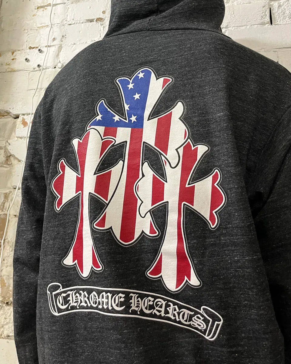 Chrome Hearts USA Flag Grey Cross Zip-up Hoodie XqzcaUn 4