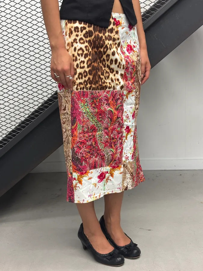 SS2002 Roberto Cavalli Class Leopard Silk Floral Midi Skirt CAFBDuu 2