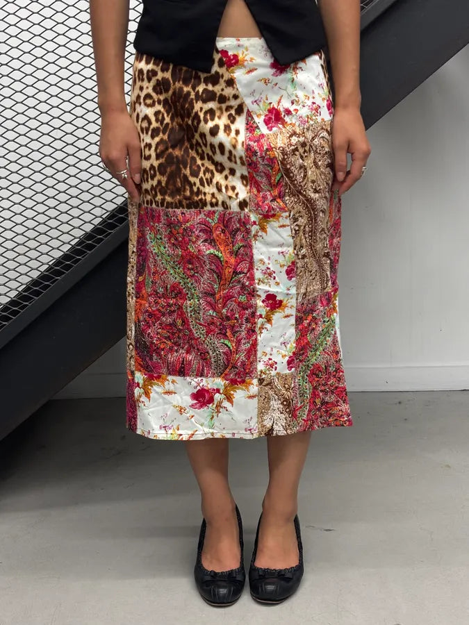 SS2002 Roberto Cavalli Class Leopard Silk Floral Midi Skirt CAFBDuu 0