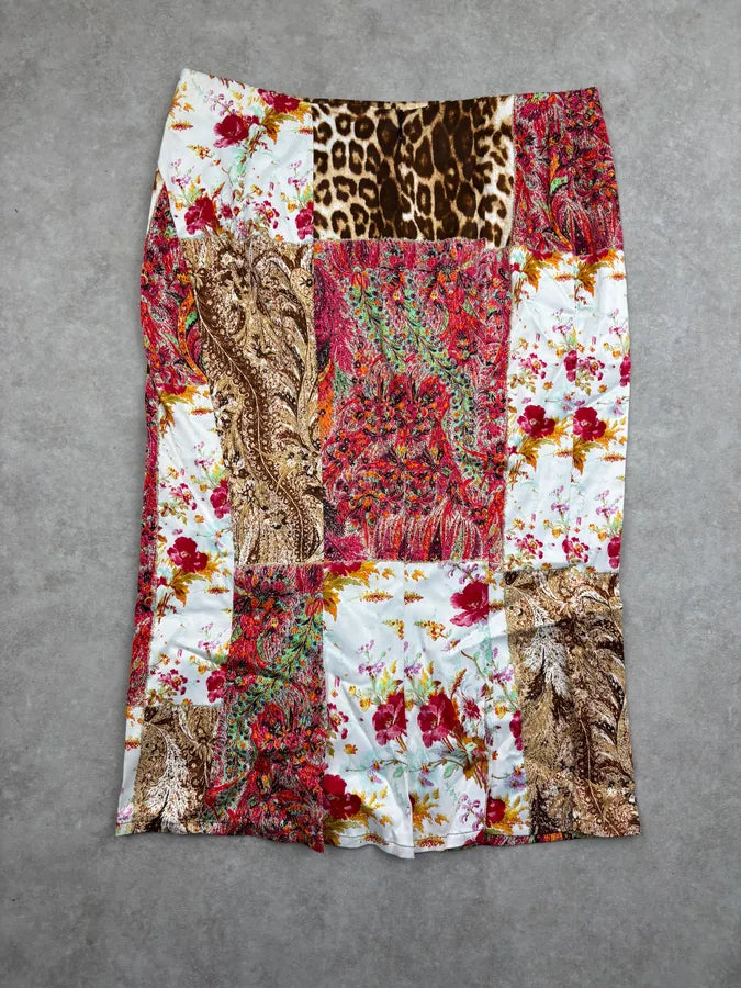 SS2002 Roberto Cavalli Class Leopard Silk Floral Midi Skirt CAFBDuu 5