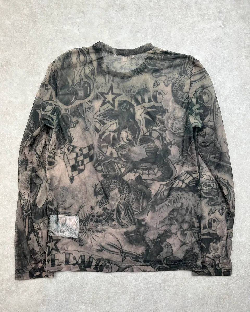 SS2019 Comme des Garçons Khaki Mesh Nylon Tattoo Print Longsleeve pBszLKd 3