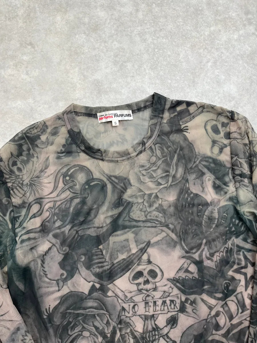SS2019 Comme des Garçons Khaki Mesh Nylon Tattoo Print Longsleeve pBszLKd 4