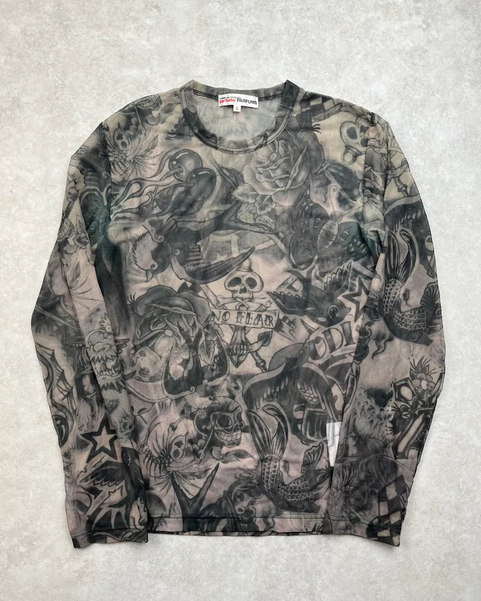 SS2019 Comme des Garçons Khaki Mesh Nylon Tattoo Print Longsleeve pBszLKd 0