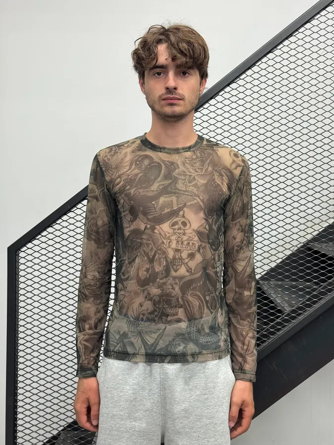 SS2019 Comme des Garçons Khaki Mesh Nylon Tattoo Print Longsleeve pBszLKd 1