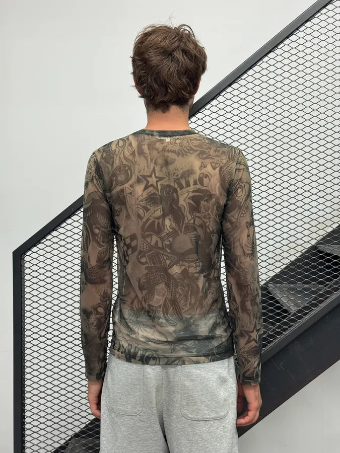 SS2019 Comme des Garçons Khaki Mesh Nylon Tattoo Print Longsleeve pBszLKd 2
