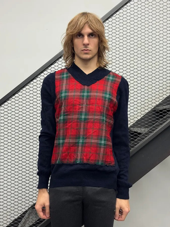 Comme des Garçons Navy Wool Tartan V-Neck Sweater lCcWQzd 0
