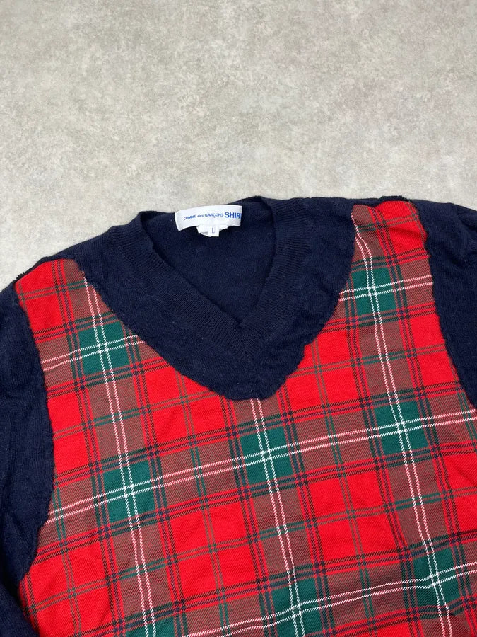 Comme des Garçons Navy Wool Tartan V-Neck Sweater lCcWQzd 4