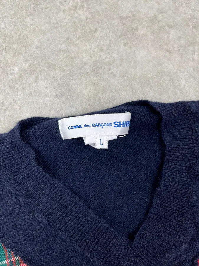 Comme des Garçons Navy Wool Tartan V-Neck Sweater lCcWQzd 7