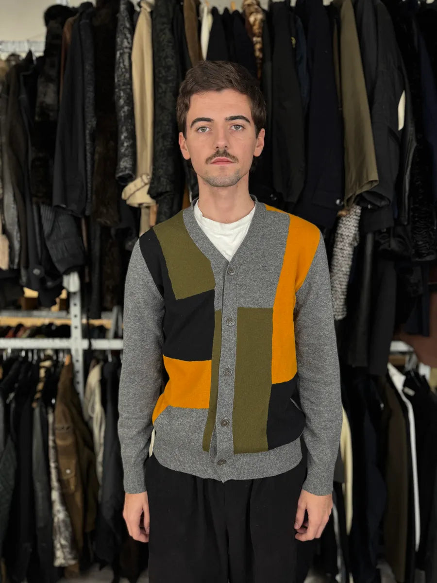 Comme des Garçons SHIRT Grey Patchwork Yellow Wool Cardigan Sweater MSRZHmm 1