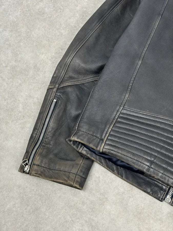 Hugo Boss Plastron Relief Grey Eroded Leather Biker Jacket TpkyKXZ 8