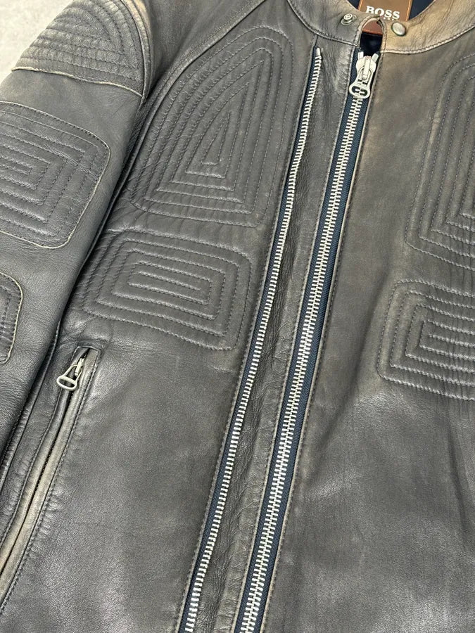 Hugo Boss Plastron Relief Grey Eroded Leather Biker Jacket TpkyKXZ 7