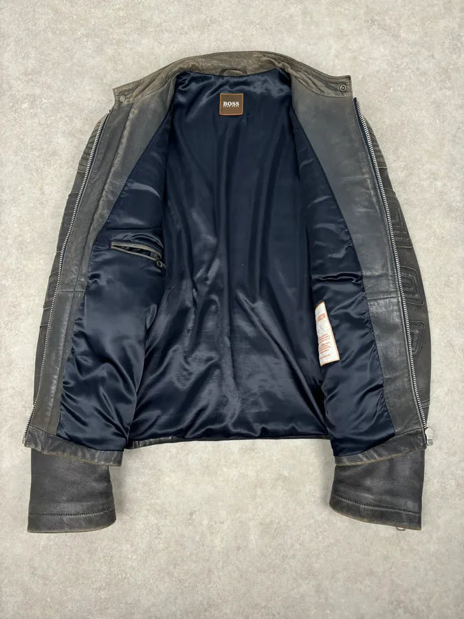 Hugo Boss Plastron Relief Grey Eroded Leather Biker Jacket TpkyKXZ 6