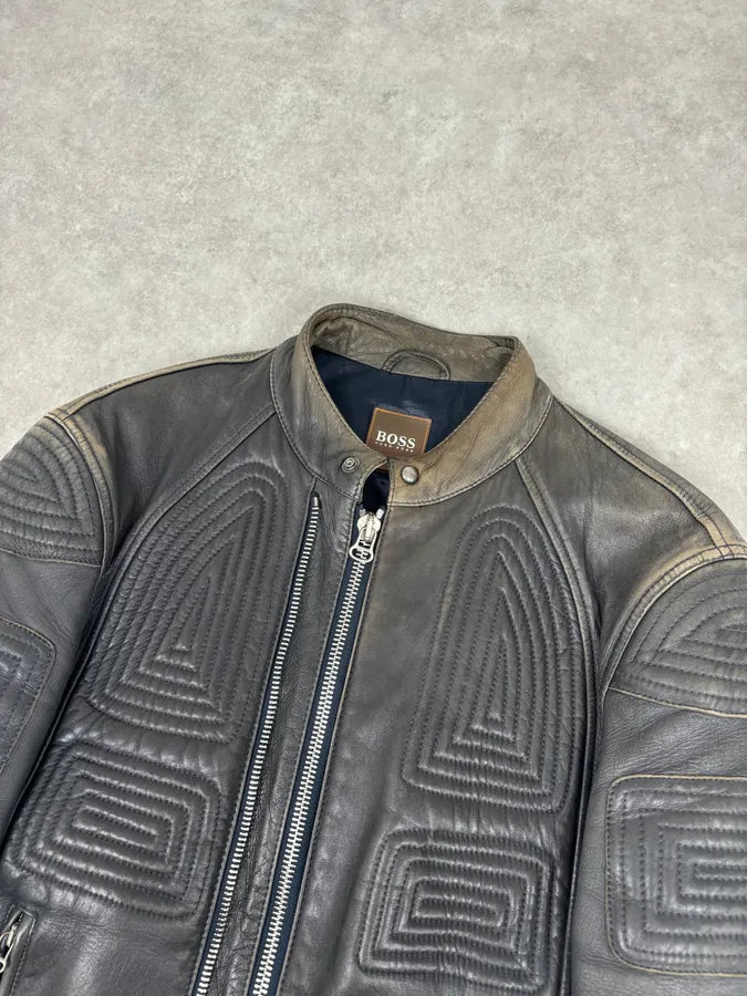 Hugo Boss Plastron Relief Grey Eroded Leather Biker Jacket TpkyKXZ 3