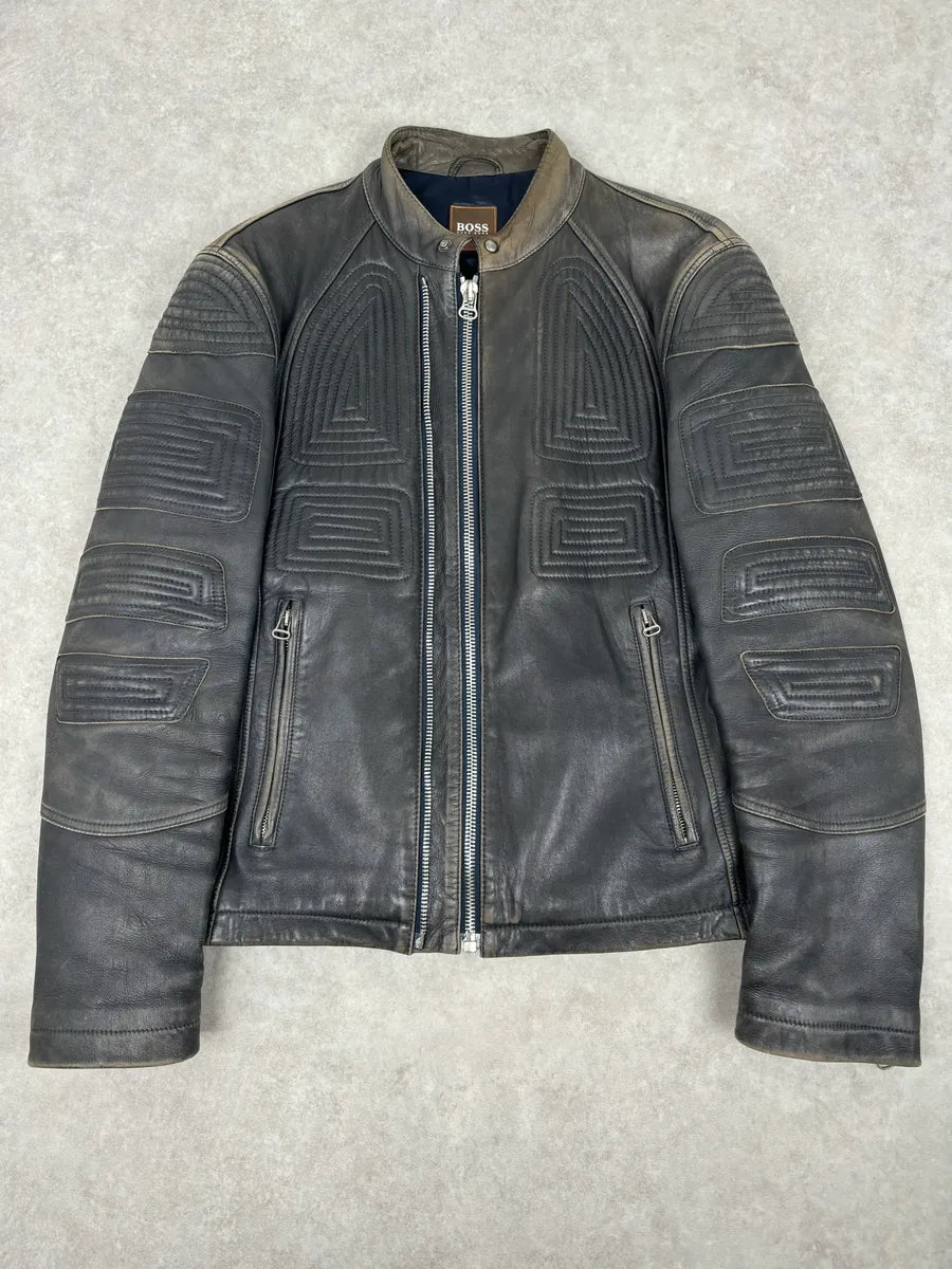 Hugo Boss Plastron Relief Grey Eroded Leather Biker Jacket TpkyKXZ 0