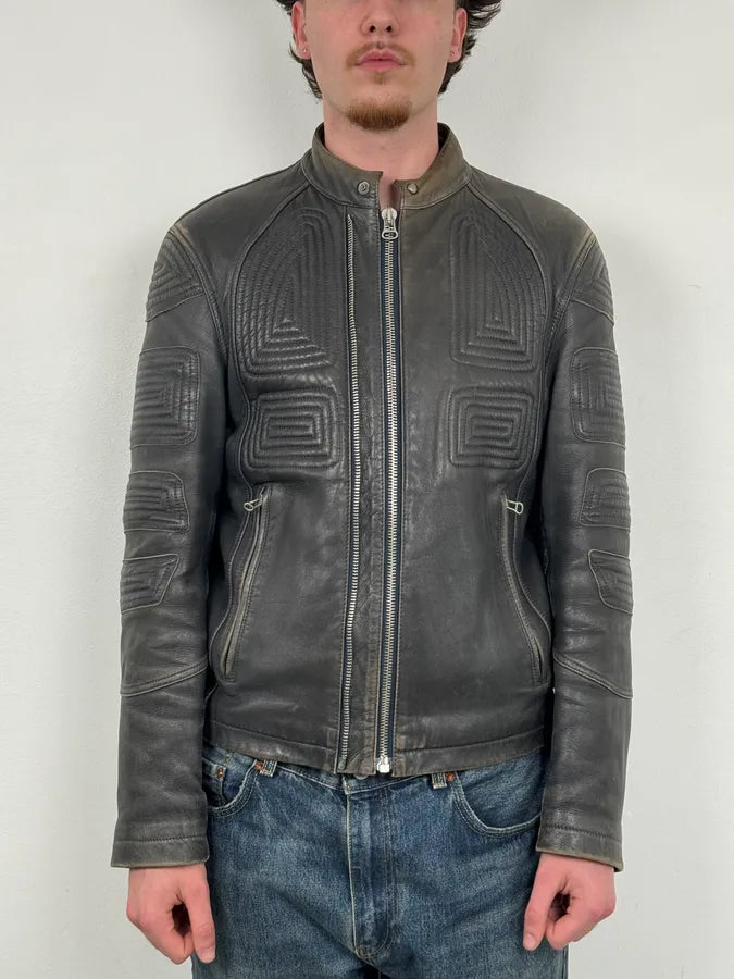Hugo Boss Plastron Relief Grey Eroded Leather Biker Jacket TpkyKXZ 1