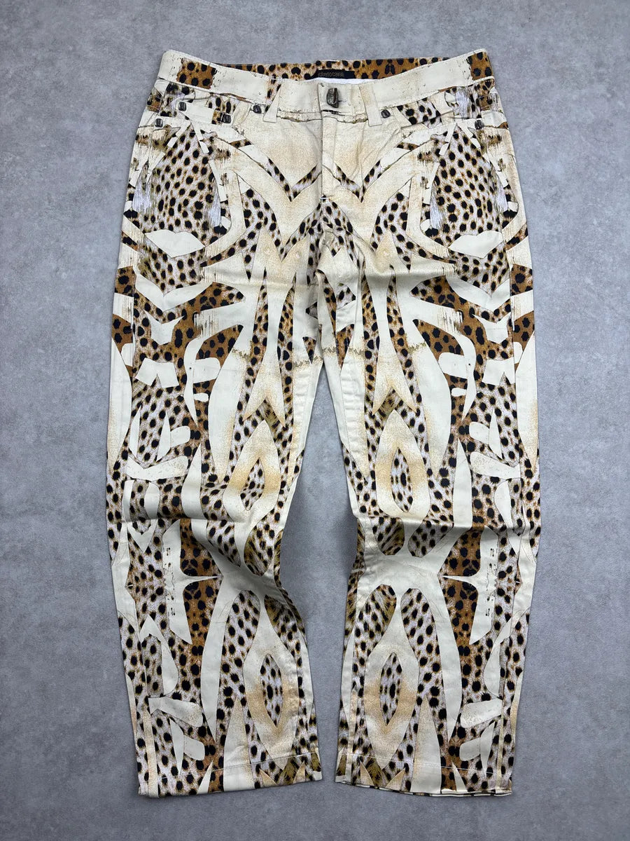 SS2007 Roberto Cavalli Beige Denim Leopard Abstract Print Jeans cydXvkSp 0