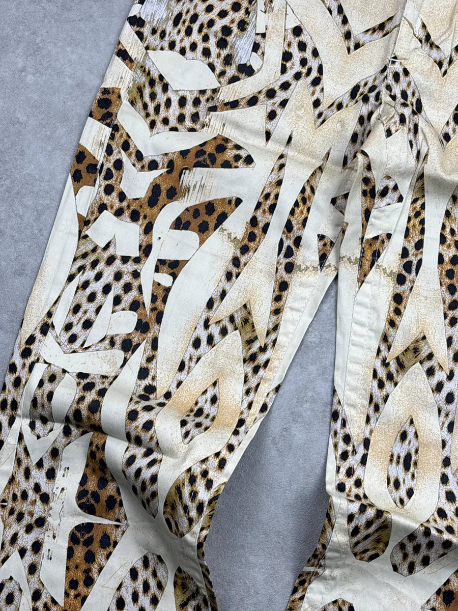 SS2007 Roberto Cavalli Beige Denim Leopard Abstract Print Jeans cydXvkSp 5