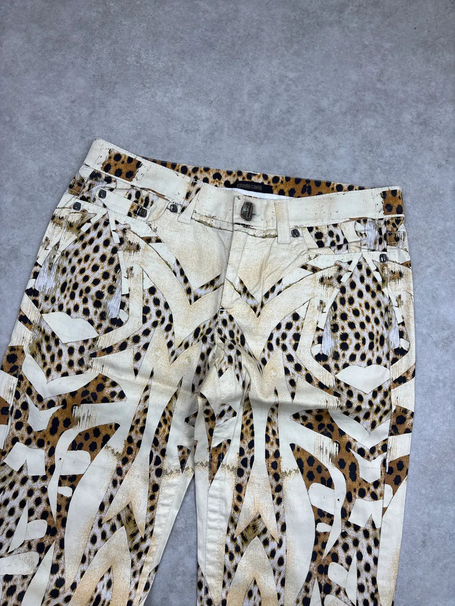 SS2007 Roberto Cavalli Beige Denim Leopard Abstract Print Jeans cydXvkSp 6