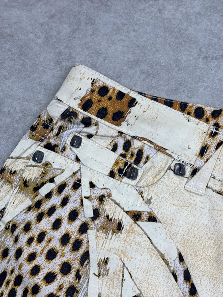 SS2007 Roberto Cavalli Beige Denim Leopard Abstract Print Jeans cydXvkSp 7