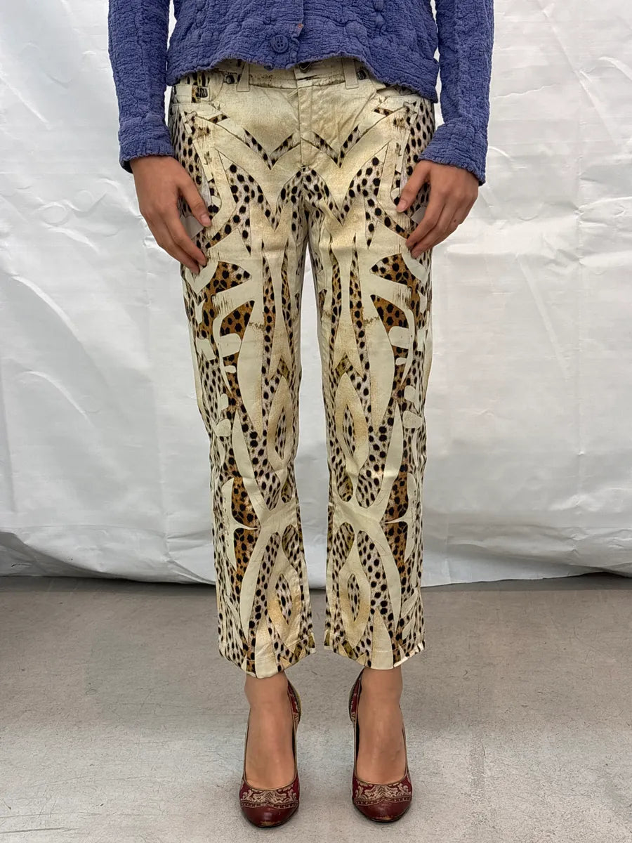 SS2007 Roberto Cavalli Beige Denim Leopard Abstract Print Jeans cydXvkSp 1