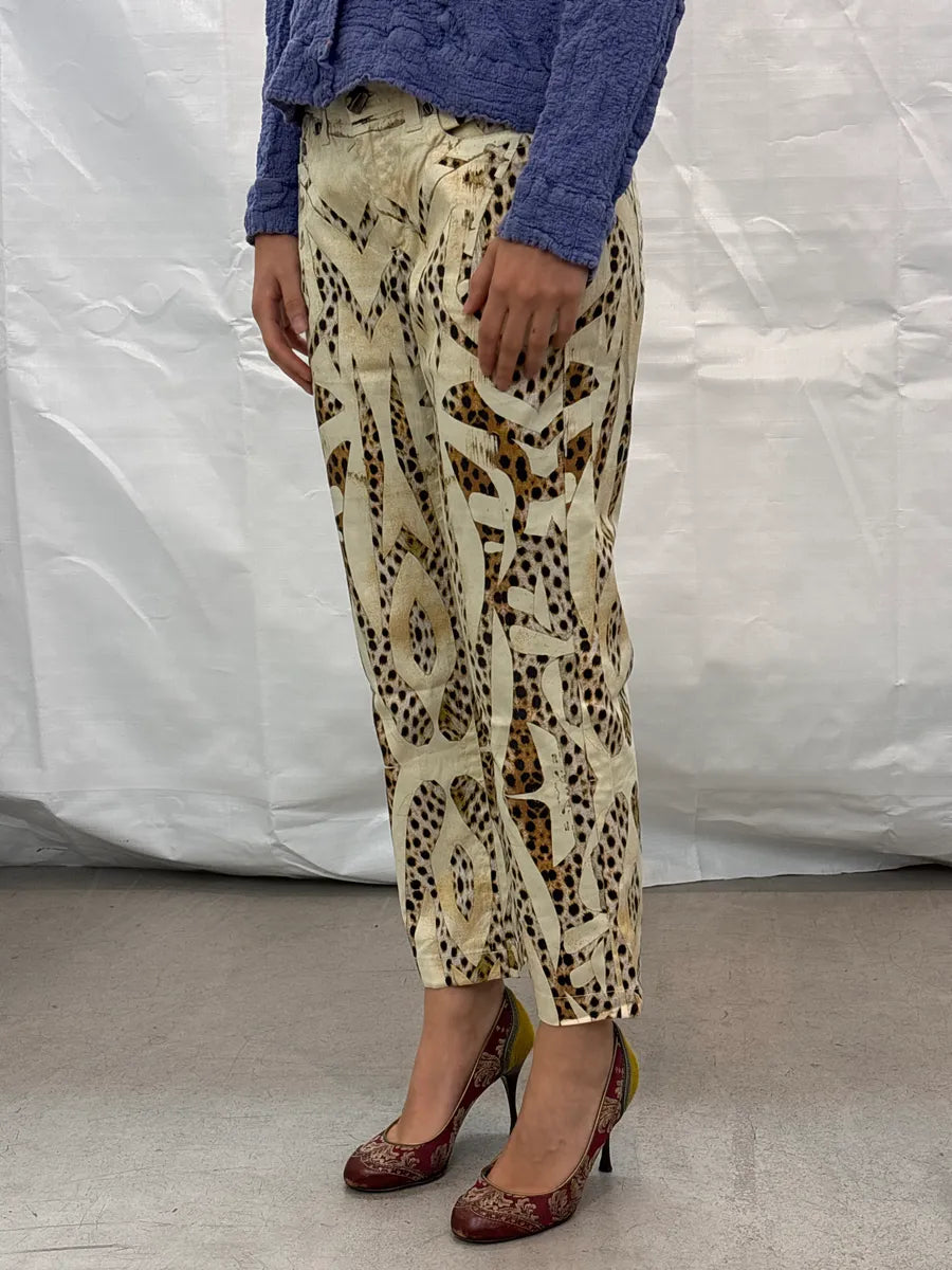 SS2007 Roberto Cavalli Beige Denim Leopard Abstract Print Jeans cydXvkSp 2