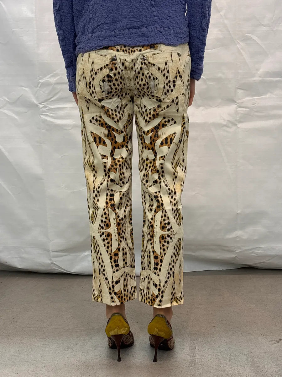 SS2007 Roberto Cavalli Beige Denim Leopard Abstract Print Jeans cydXvkSp 3