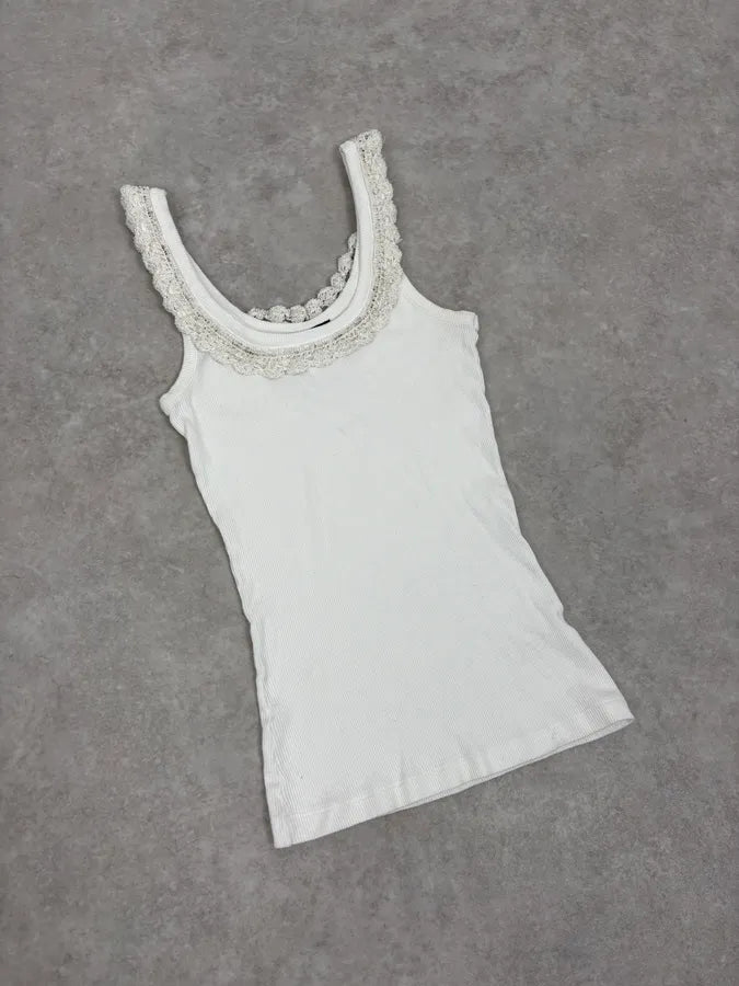 2000s D&G Dolce & Gabbana White Ribbed Ornated Tank Top  ZJzOFbu 3