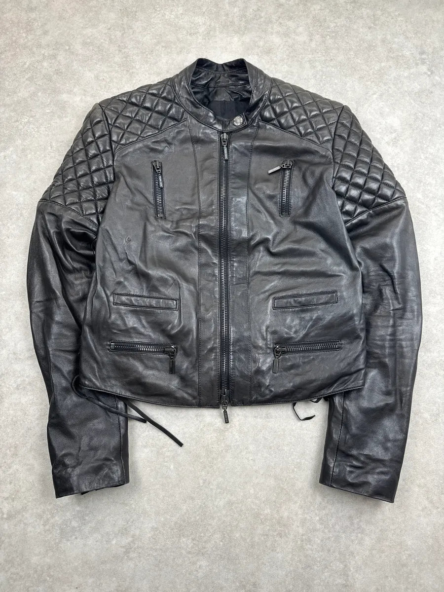 1990s Plein Sud Black Quilted Lace-Up Biker Leather Jacket dBOWikmA 0