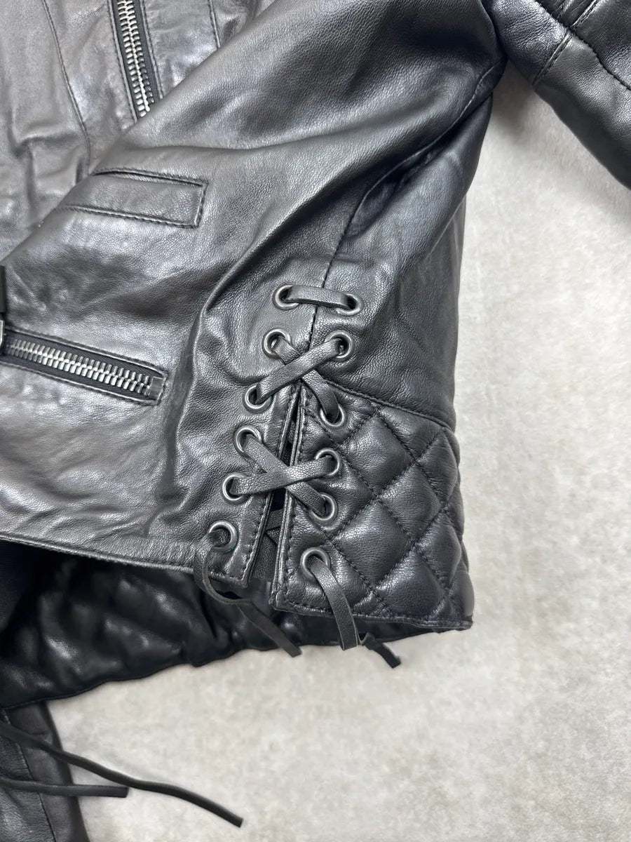 1990s Plein Sud Black Quilted Lace-Up Biker Leather Jacket dBOWikmA 8
