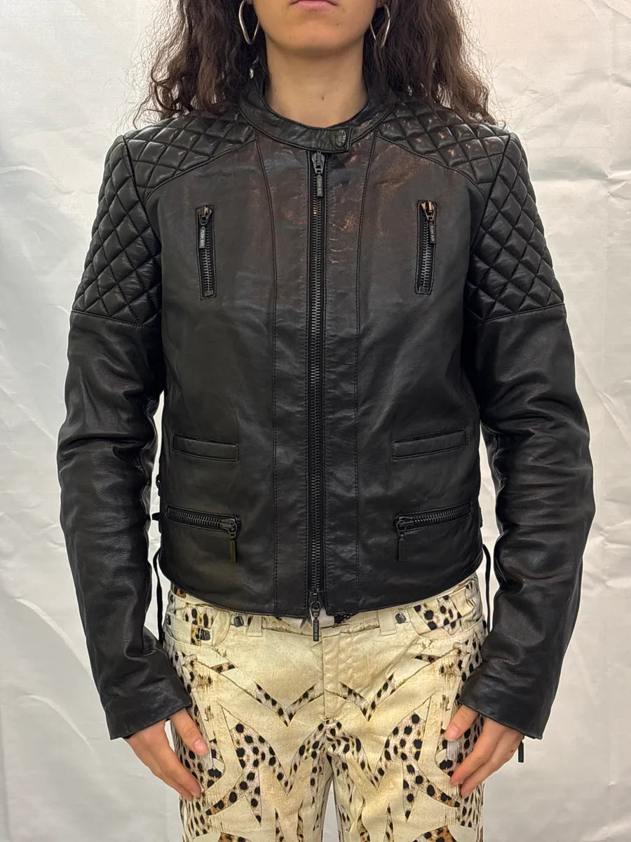1990s Plein Sud Black Quilted Lace-Up Biker Leather Jacket dBOWikmA 2