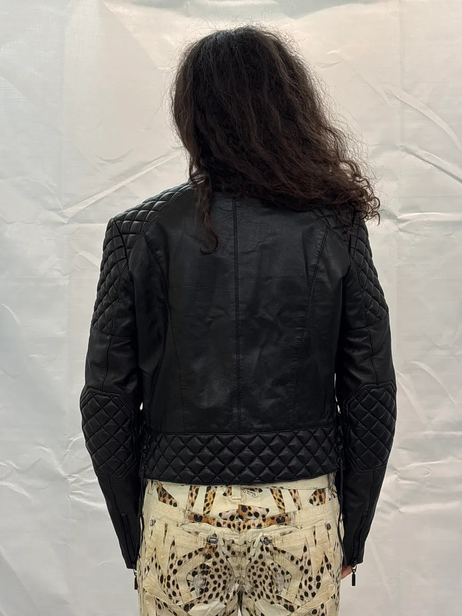 1990s Plein Sud Black Quilted Lace-Up Biker Leather Jacket dBOWikmA 3