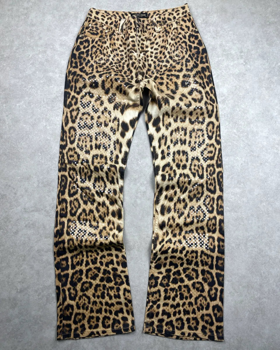 2000s Roberto Cavalli Leopard Rhinestone Straight-Leg Pants dFSNYjjm 0