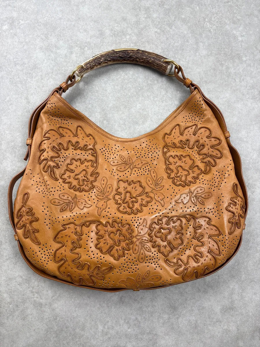 AW2005 Yves Saint Laurent Brown Floral Perforated Leather Mombasa Bag dJdSqmWx 3