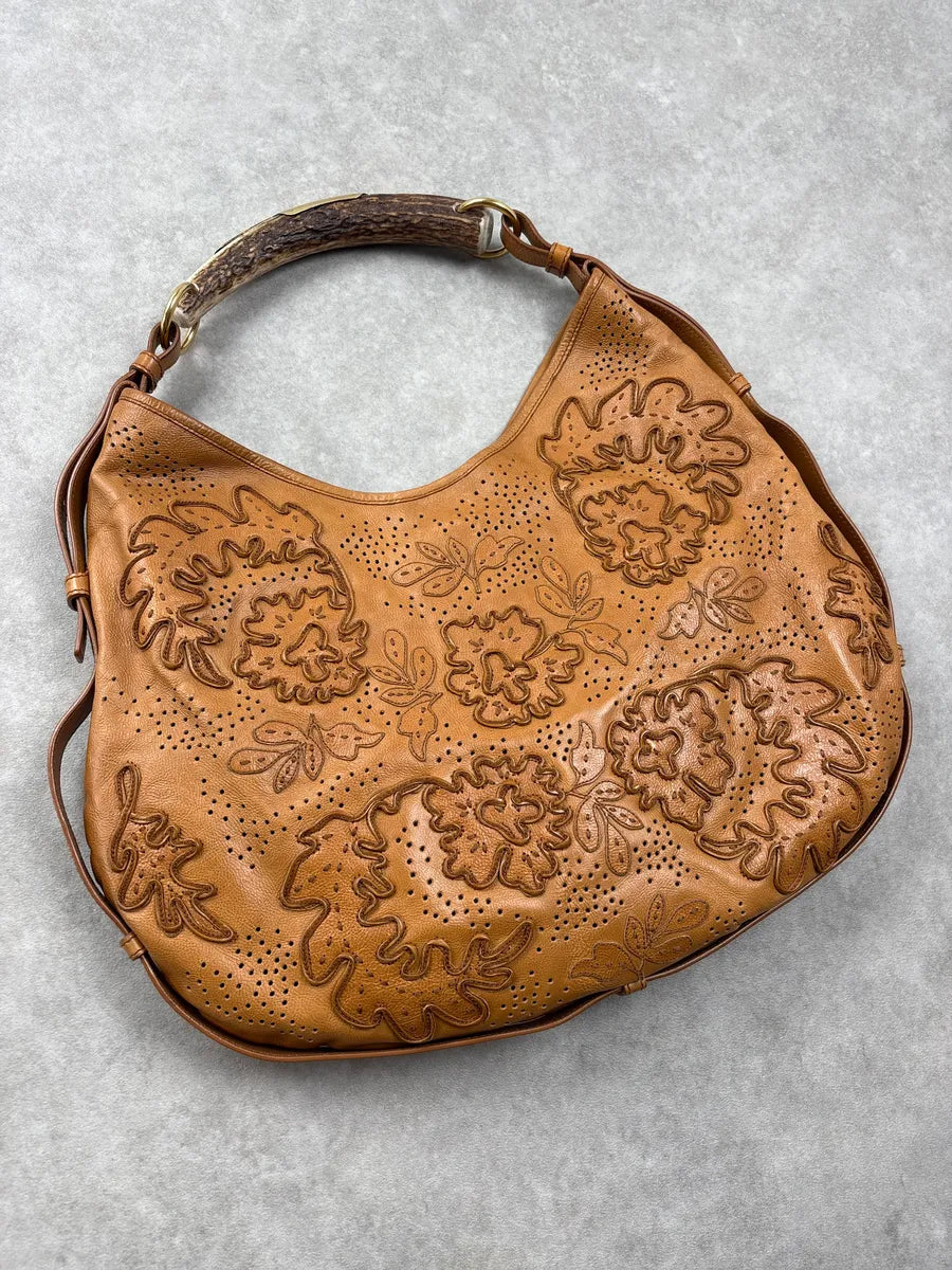AW2005 Yves Saint Laurent Brown Floral Perforated Leather Mombasa Bag dJdSqmWx 4