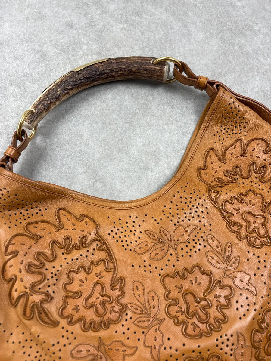 AW2005 Yves Saint Laurent Brown Floral Perforated Leather Mombasa Bag dJdSqmWx 5