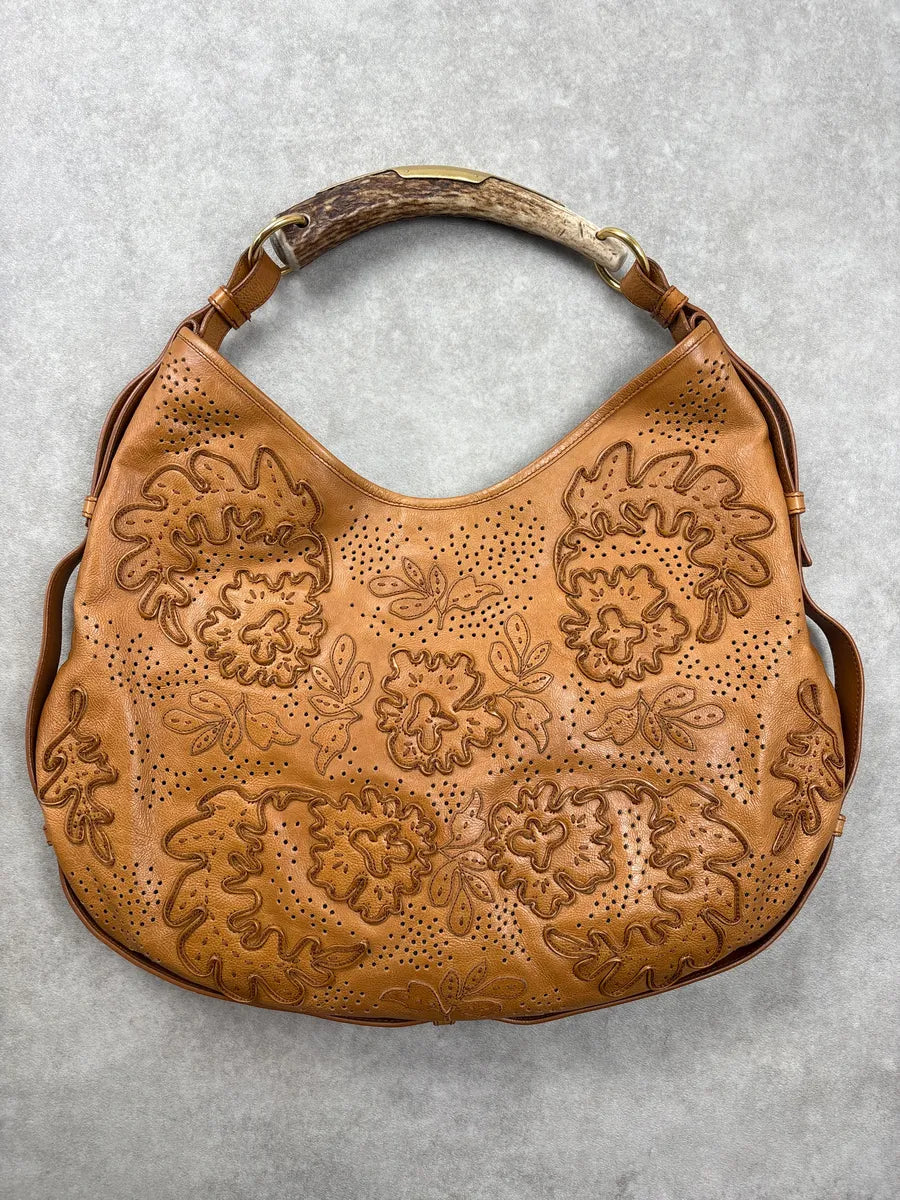 AW2005 Yves Saint Laurent Brown Floral Perforated Leather Mombasa Bag dJdSqmWx 0