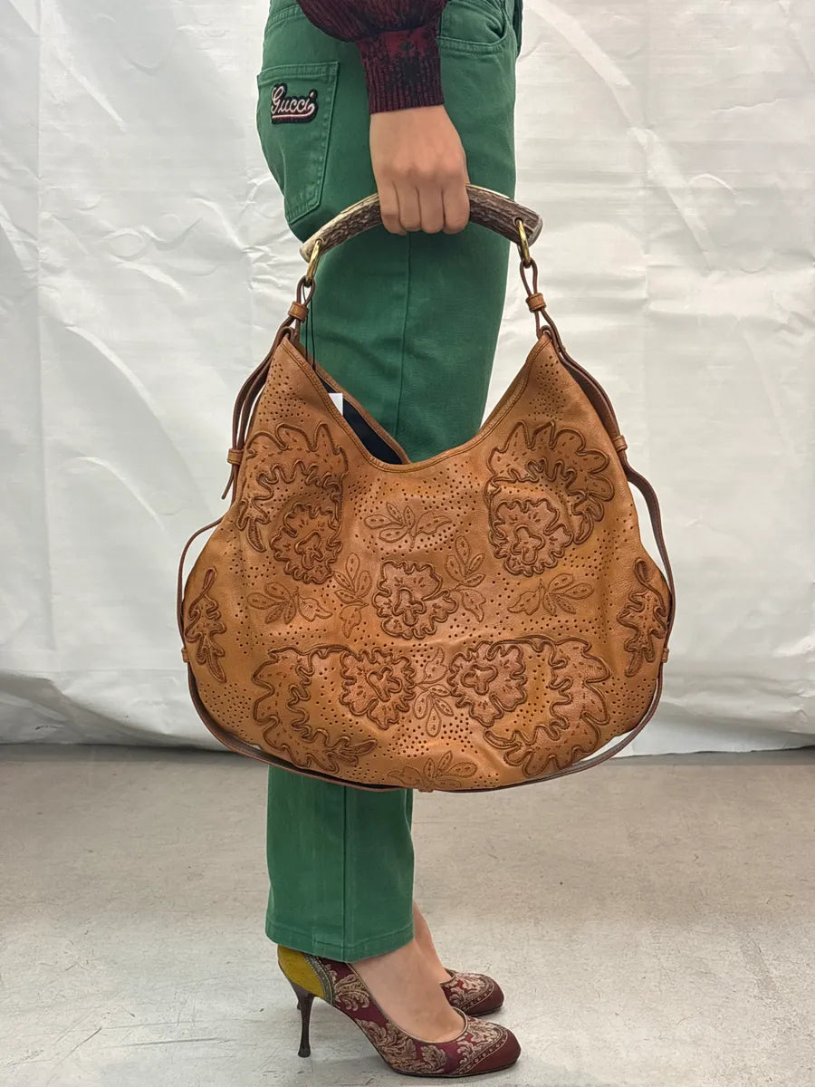 AW2005 Yves Saint Laurent Brown Floral Perforated Leather Mombasa Bag dJdSqmWx 1