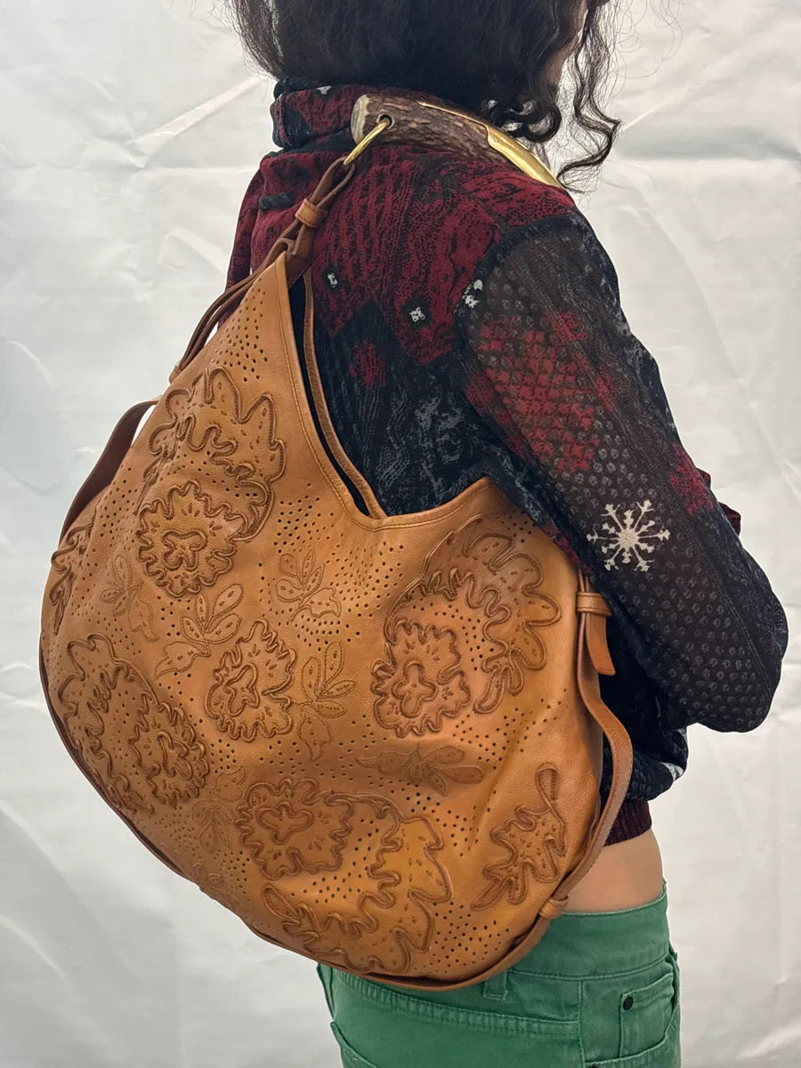 AW2005 Yves Saint Laurent Brown Floral Perforated Leather Mombasa Bag dJdSqmWx 2