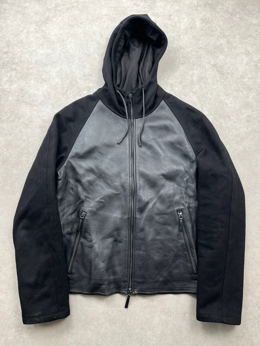 AW2019 Emporio Armani Black Leather Hooded Zip Light Jacket dNcFajiN 0