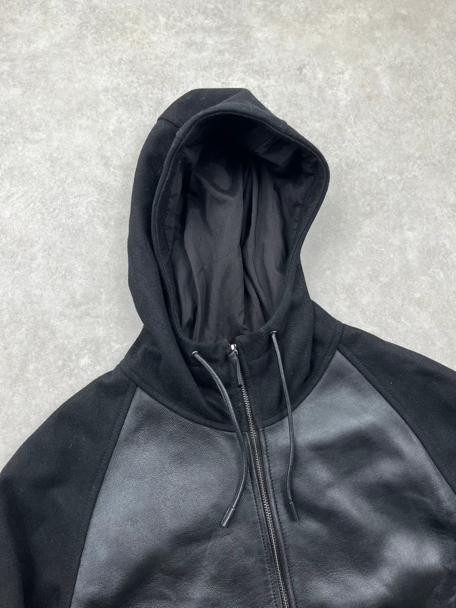 AW2019 Emporio Armani Black Leather Hooded Zip Light Jacket dNcFajiN 3