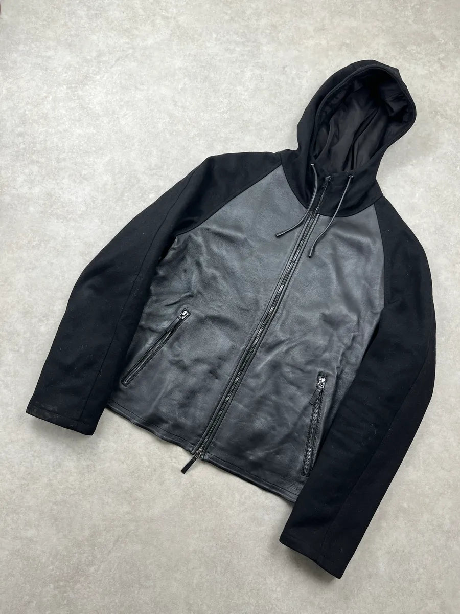 AW2019 Emporio Armani Black Leather Hooded Zip Light Jacket dNcFajiN 7
