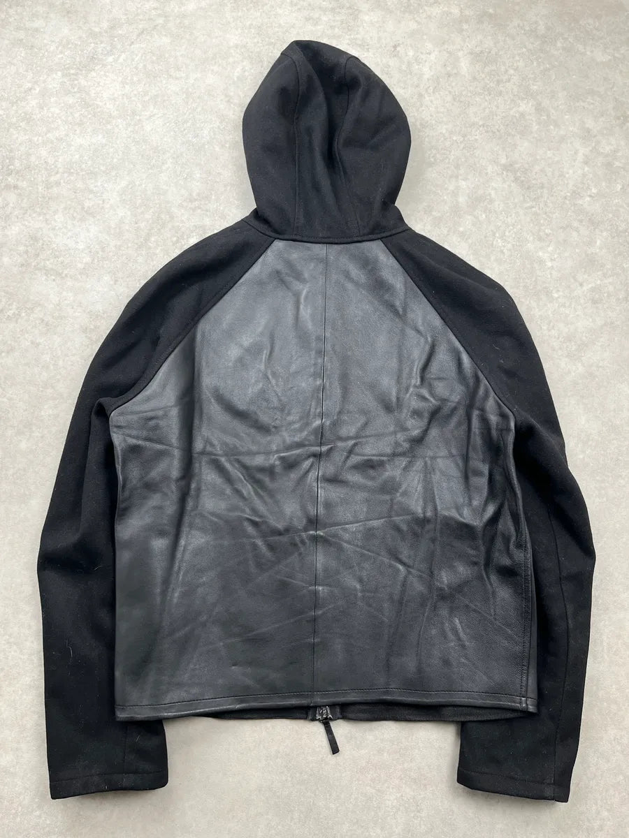 AW2019 Emporio Armani Black Leather Hooded Zip Light Jacket dNcFajiN 6