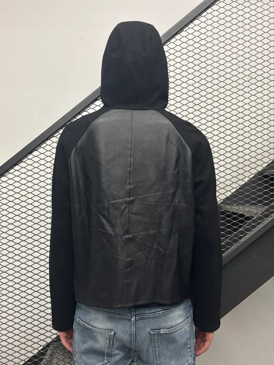 AW2019 Emporio Armani Black Leather Hooded Zip Light Jacket dNcFajiN 2