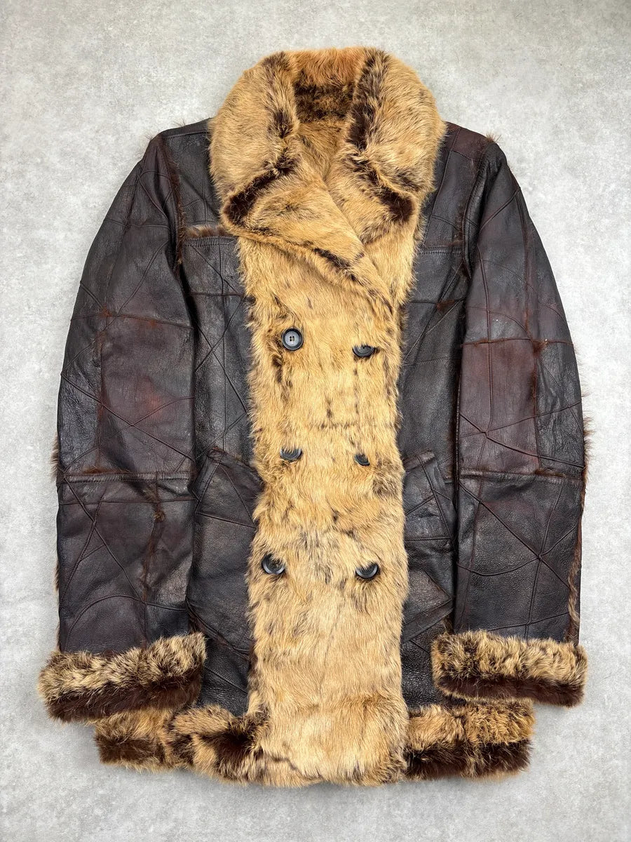 AW2005 Roberto Cavalli Dark Brown Leather Rabbit Fur Patchwork Double-Breasted Coat dWDODtlq 2