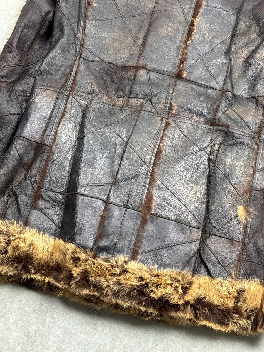 AW2005 Roberto Cavalli Dark Brown Leather Rabbit Fur Patchwork Double-Breasted Coat dWDODtlq 9